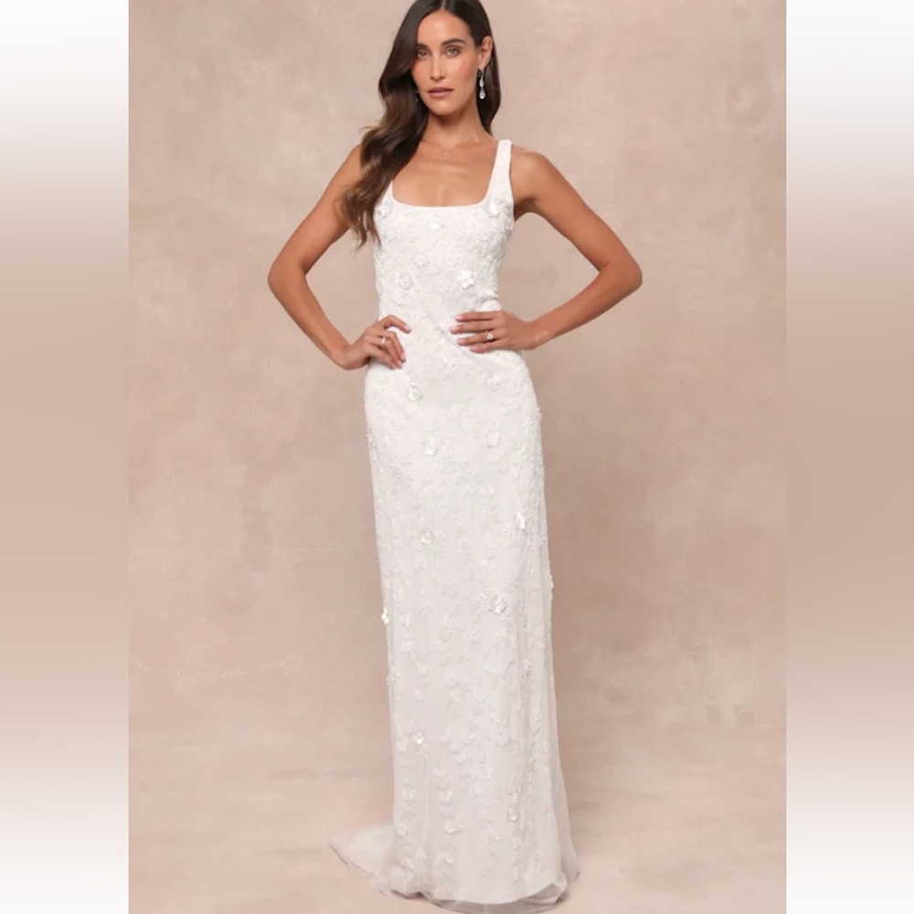 Lulu's White Floral Maxi Wedding Dress & Veil